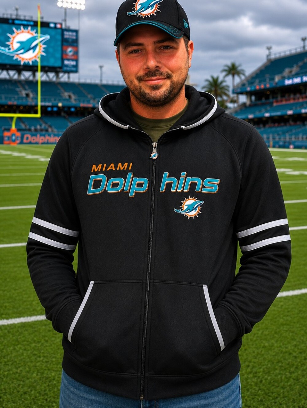 Antigua Adult Black Miami Dolphins Hoodie Jacket